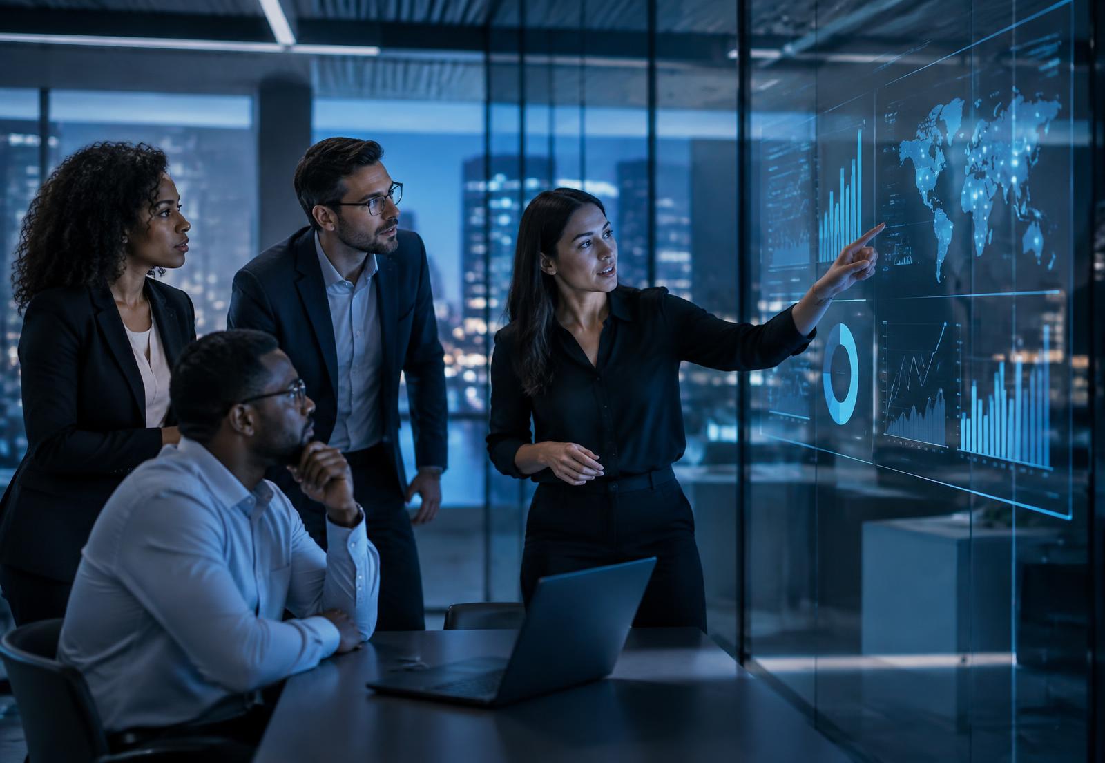 Equipe de consultores de tecnologia analisando indicadores em um ambiente corporativo